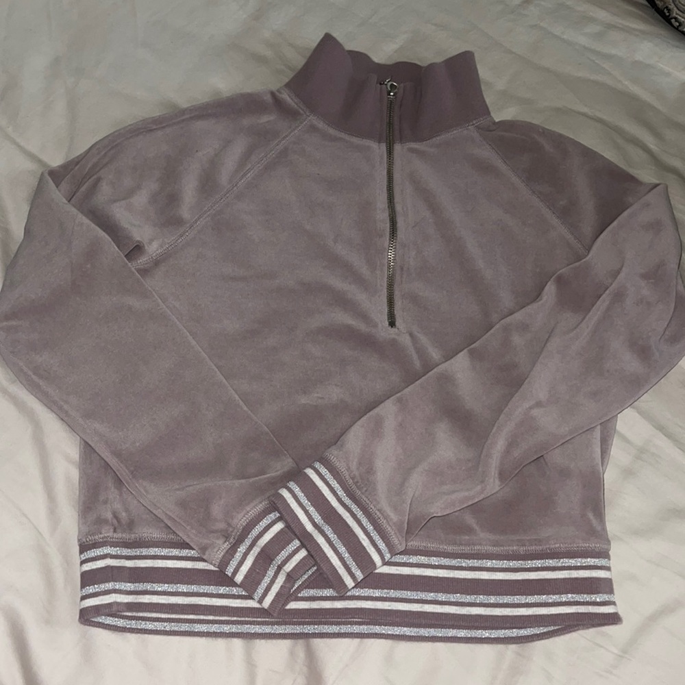 Victoria’s Secret 3/4 zip pullover. Mauve with white and silver metallic trim.